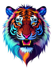 A colorful tiger with a big mouth and yellow eyes