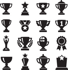 Solid Trophy Icon Set 4x4 Grid &ndash; 16 Minimal Black Award Cup Silhouette Vector Icons