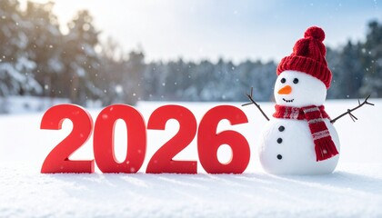 Red 2026 digits in snow with snowman