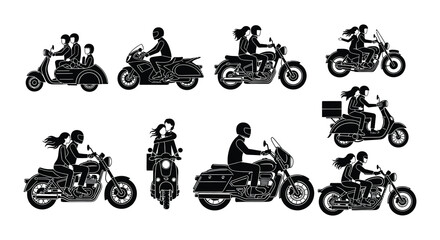 Obraz premium Collection of classic motorcycle and scooter silhouettes with riders depicted