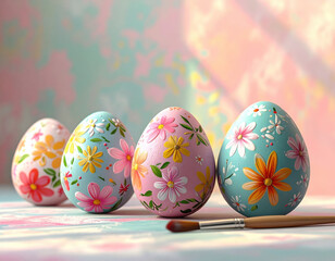 Fototapeta premium Colorful Easter eggs with floral designs are arranged in row, showcasing intricate patterns and vibrant hues