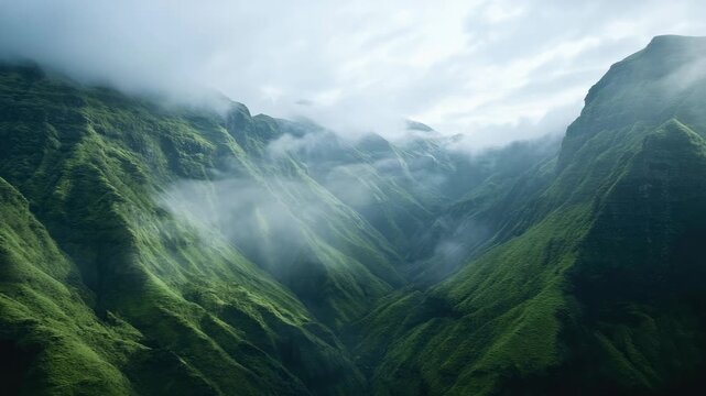 Breathtaking view of lush green mountains blanketed by mist and clouds.