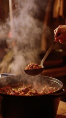 Serving Spoon Scooping Hot Stew