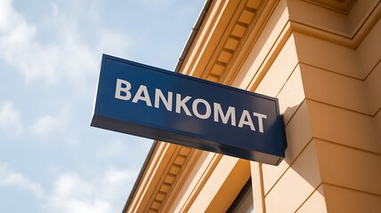 Naklejka premium Bankomat sign on modern building facade indicating ATM banking services 