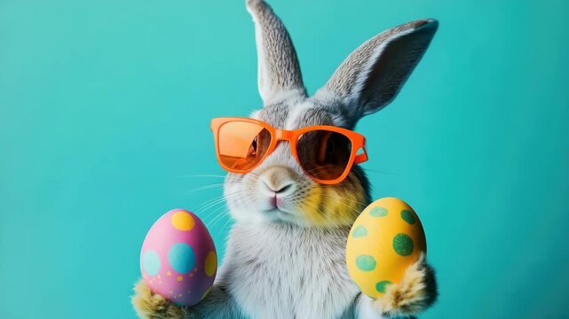 A whimsical of a bunny wearing sunglasses holding an Easter egg. Perfect for holiday celebrations and fun ry.