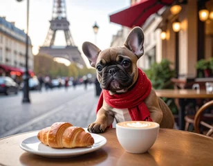 Fototapete Französische Bulldogge funny photo of French bull terrier frenchie dog with a baguette in Paris   © MW Photography 