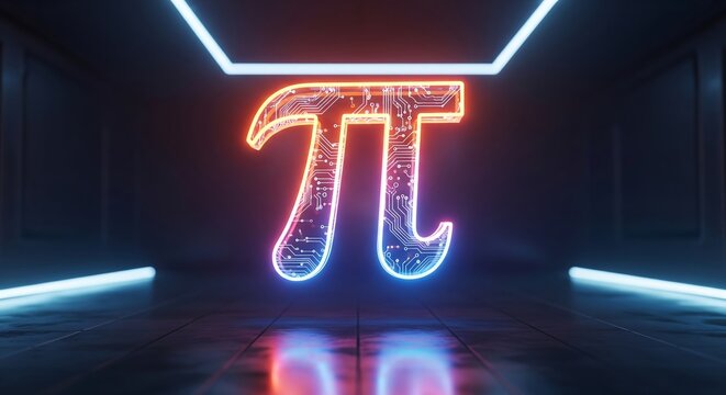 Illuminated Pi Symbol: A captivating image features a neon Pi symbol in a futuristic setting, emitting a vibrant glow within a dimly lit, high-tech environment.  - Powered by Adobe