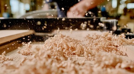 Medium shot showing the electric highspeed planer in action with wood shavings flying underlining speed and clean cuts in a professional carpentry environment