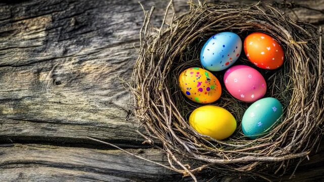 A nest of eggs with a wooden background. The eggs are in a row and are of different colors