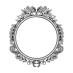 Obraz premium Vintage floral wreath vector circle frame with leaf and flowers. Elegant hand drawn flower border illustration. Ornate botanical round frame for wedding invitations