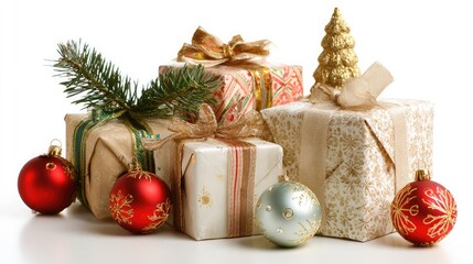 Beautifully wrapped Christmas presents with ornaments and tree