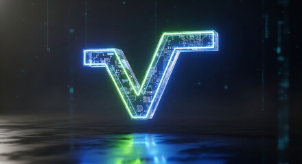 Blue glowing neon checkmark approval icon