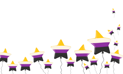 Nonbinary Pride Star Balloons Composition with Copy Space, LGBTQ Helium Balloons in Yellow Purple White Black on Transparent Background