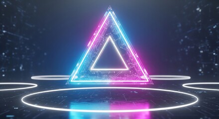 Abstract colorful Christmas tree made of glowing neon triangles and lights on a dark background with a star on top