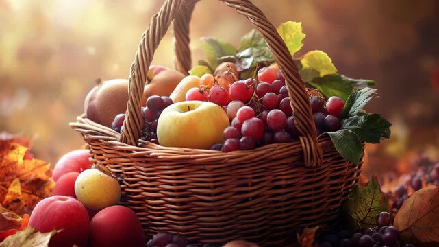 A basket of fruit including apples and grapes. The basket is full of fruit and leaves. The apples are red and green