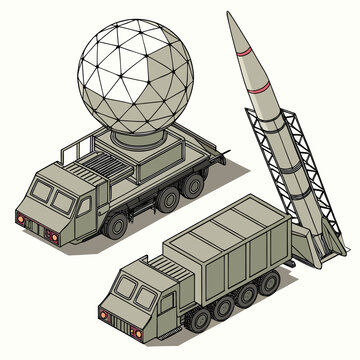 Military vehicles with radar dome and missile launcher