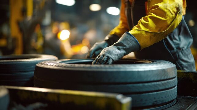 Medium shot showcasing operatorguided rubber buffing on recycled tires emphasizing control and adjustment for varying tire conditions in the retread preparation phase.