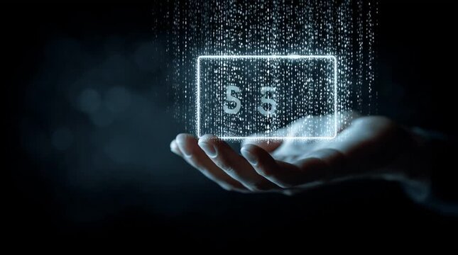 Close-up of a hand holding a glowing digital wallet icon with flowing data streams, symbolizing fintech innovation, secure transactions and the future of digital finance.
