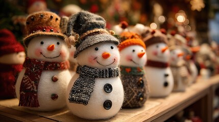Adorable snowmen decorations in festive hats and scarves on wooden shelf