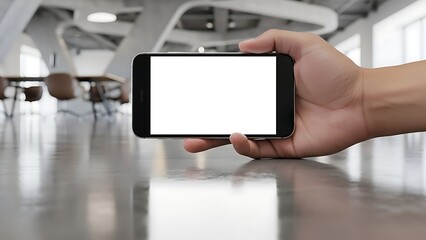 Hand holding a smartphone with a blank white screen in a modern office space