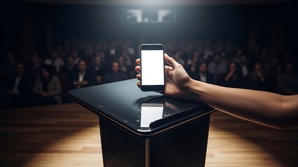 Hand holding a smartphone displaying a blank screen on a podium in front of an audience during a presentation