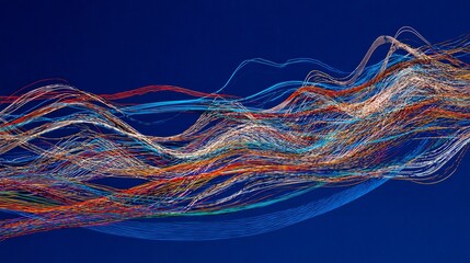 Technology data connectivity digital network fiber streams motion abstract background with multicolored threads on deep blue backdrop, symbolizing modern communication, speed, innovation digital flow