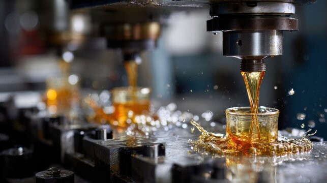Medium shot featuring nontoxic die lubricants being poured into metalworking machines to promote safe and green production methods.