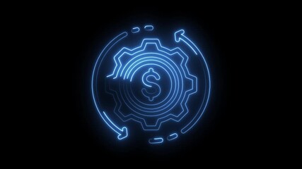 Neon dollar sign within a rotating gear and circular arrow representing financial process - Powered by Adobe
