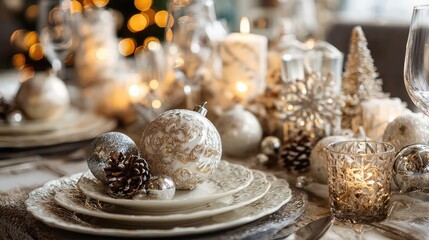 Elegant Christmas table setting with gold and white ornaments