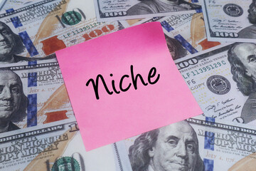 Pink sticky note with NICHE text over US dollar bills. Concept of market specialization and business strategy.
