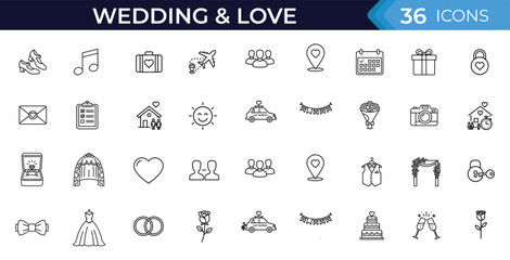 Wedding and love outline icons set. Marriage romance symbols, couple ring heart ceremony invitation celebration. Editable stroke. Vector illustration