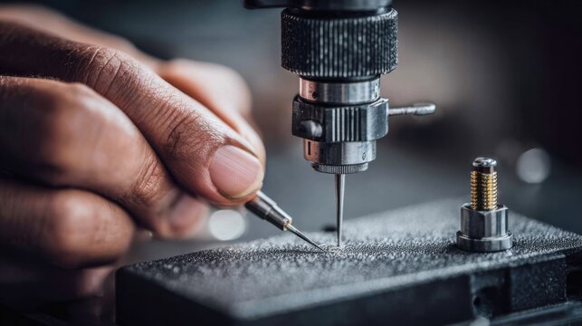 Medium frame showing a Vickers hardness tester using a diamond indenter to precisely gauge the hardness of a metallic component.
