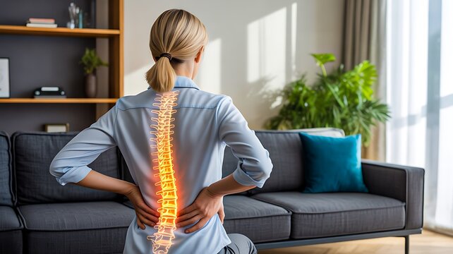 Woman Sitting on Sofa with Highlighted Lower Back Pain, Spine Health and Lumbar Pain Concept
