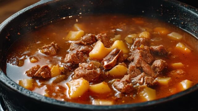 A hearty beef stew with chunks of tender meat and vegetables, simmering in a traditional cast iron pot on the stove.