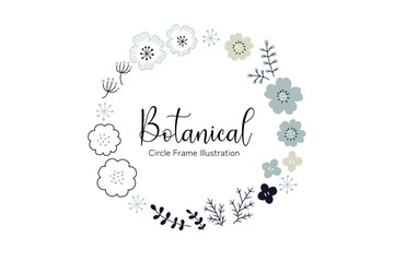 Elegant Botanical Flower Circle Frame Illustration in Blue Tones