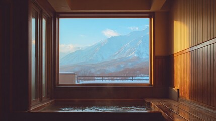 Fototapeta premium Relaxing hot spring bath mountain view interior photography serene environment calm perspective wellness concept