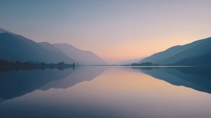 Fototapeta premium Tranquil sunrise reflections over serene lake mountain landscape nature photography calm environment wide viewpoint