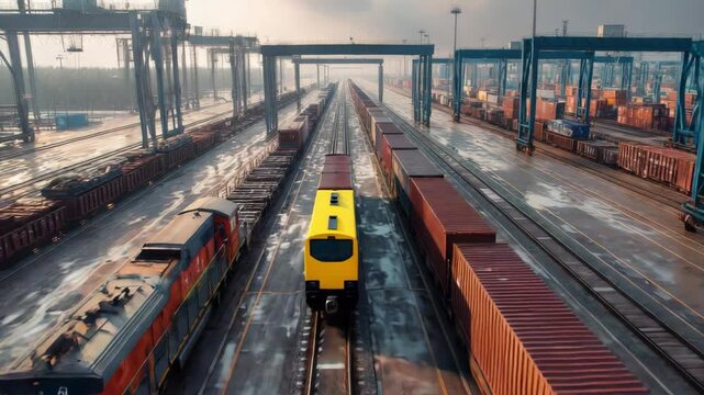 Expansive freight train yard with multiple tracks and cargo containers under cranes