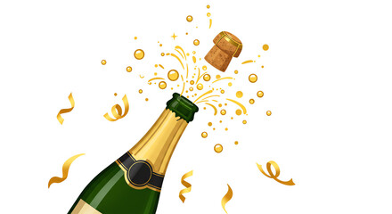 Champagne bottle with cork popping and confetti