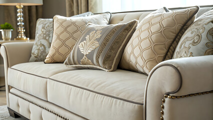 sofa and pillows, Close-up of modern sofa fabric with pillows, warm ambient light, home d&eacute;cor