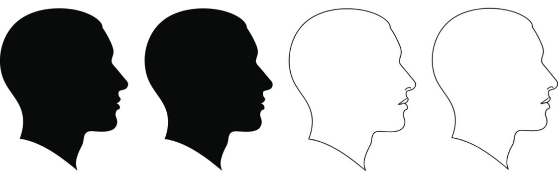 Two black head silhouettes facing left next to two white head outlines profile