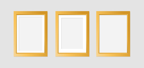Realistic Gold Photo Frame collection isolated on white background. Realistic rectangle frames mockup for kid, family or memories. Scrapbook concept, poster,, galleries, interior decor, and branding. 