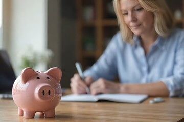 Pink piggy bank on a wooden desk in focus, with a woman in the background writing in a notebook at home, symbolizing personal finance, savings planning, budgeting, and financial independence.