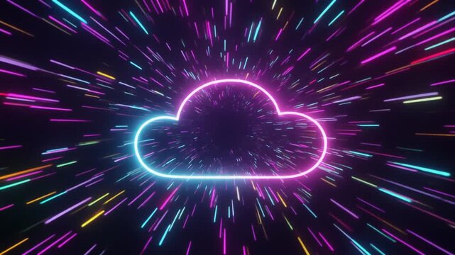 Neon Cloud Computing Icon in Digital Data Tunnel with Vibrant Light Streaks.