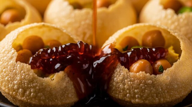 Close-Up of Delicious Indian Street Food Sweet Chutney Poured Over Crispy Pani Puri Shells, Authentic Culinary