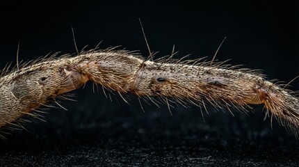 Extreme closeup reveals textured spiny brown insect leg segment against dark background