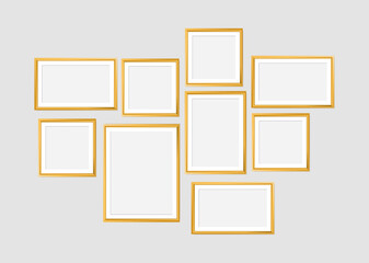 Set of gold modern frame isolated on white background. 3d Photo Frame for Kid, galleries, artwork, photography vector illustration mockup.
