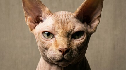 Intense close up portrait captures unusual wrinkles and piercing green eyes of sphinx cat