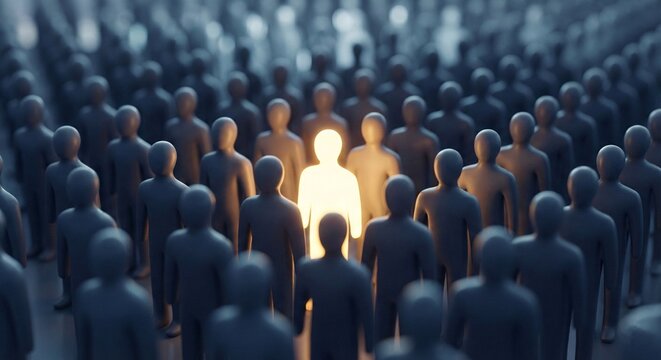 A brilliant individual shining brightly in a large crowd embodying unique leadership and innovation