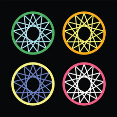 Vibrant geometric spoked wheel patterns in a 2x2 grid on a dark background